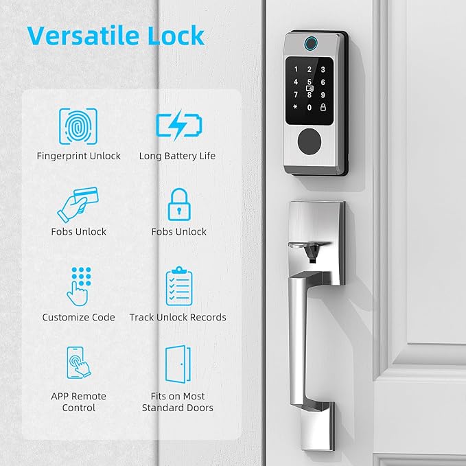 WiFi Front Door Lock Set - Miuedo Keyless Entry Door Locks Handle Set, Fingerprint Smart Alexa Keypad- Smart Deadbolt Lock with Handle Latch - WiFi Access Bluetooth APP-Silver