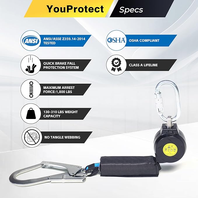 6FT Self Retracting Lifeline Fall Protection Retractable Lanyard, Fall Arrest Safety Yoyo for Construction Industrial - OSHA/ANSI Compliant (Large Hook)
