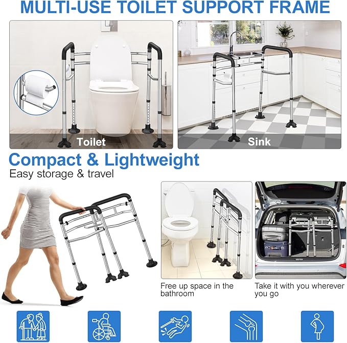 Toilet Safety Rail, 380LB Stainless Steel Toilet Frame with Padded Handles&Paper Holder, Adjustable Detachable Handicap Toilet Rails, Foldable Toilet Support Frame for Elderly