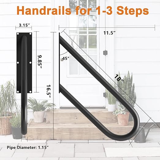 2 Pack U-Shaped Stair Handrails for 1-2 Steps, 18" Black Stair Railings for Indoor or Outdoor, Wall Mounted Hand Railings for Porch Garage, Safety Grab Bar for Stairs