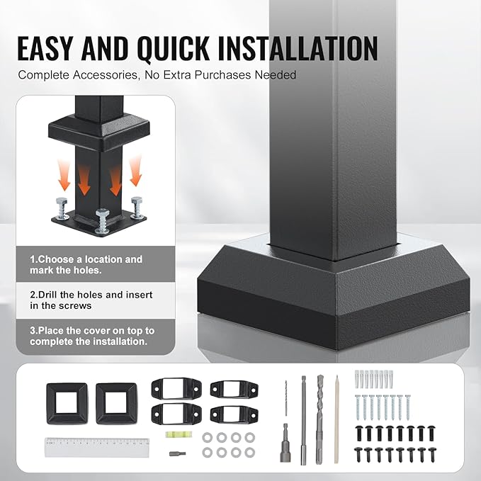 VEVOR Handrails for Outdoor Steps, 5 Step Stair Hand Rail Kit, Transitional Carbon Steel Railings with Installation Kit, Stair Rails for Seniors, Concrete Steps & Porch & Deck, Black Square Tube