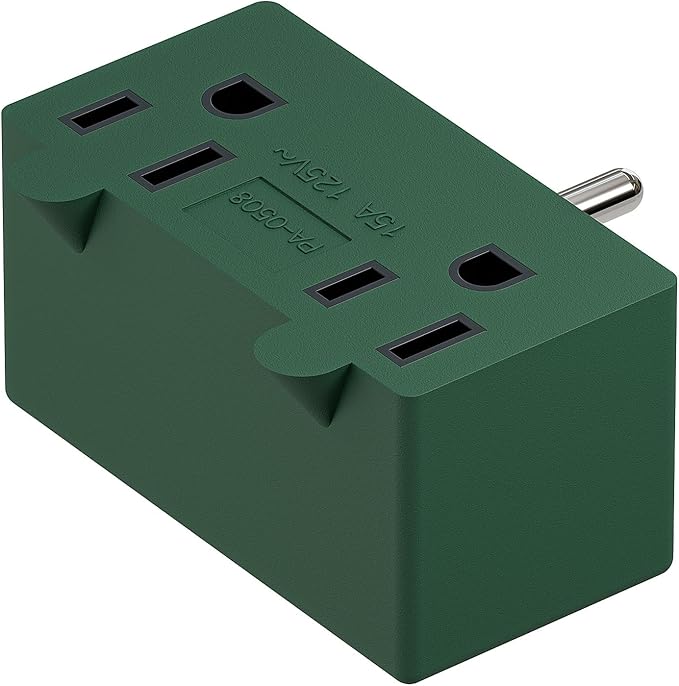 NEMA 5-15P to Dual 5-15R Adapter, Plugrand 90 Degree Downward Angled NEMA 5-15P Male to Female Adapter, Angled USA Power Adapter, 3 Prong Direction Changer Space Save Plug Green PA-0508G