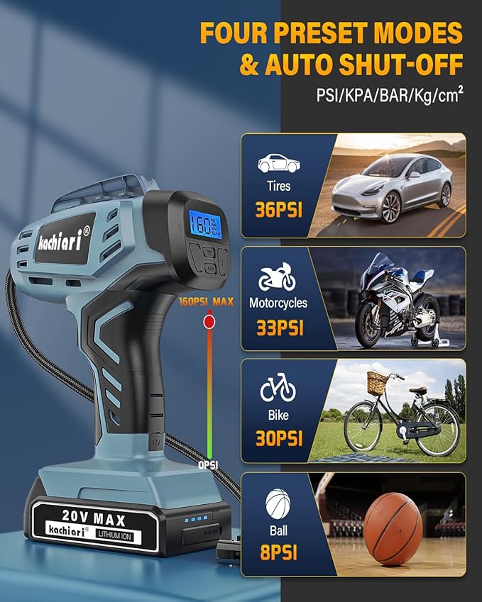Tire Inflator Portable Air Compressor, 20V Cordless Car Tire Pump, Rechargeable Battery Powered Air Compressor w/12V DC Adapter Grey