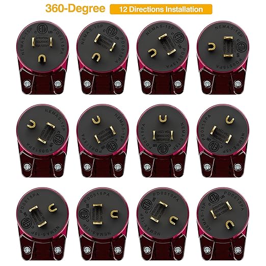 2 Pack Nema 5-15P Plug, 90 Degree Right Angle Plug 15A 125V Angled Plug, Nema 5-15P DIY AC Plug, USA 3-Prong Household Right Angle AC Plug, Red Color ETL Verified