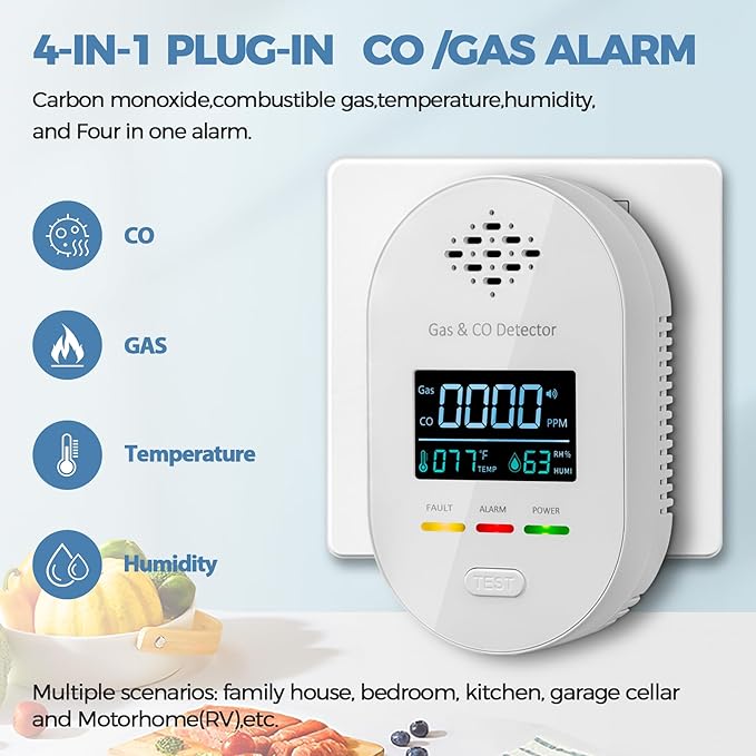 Carbon Monoxide Detectors,Plug in CO and Natural Gas Detector, Combination Gas & Carbon Monoxide Detectors for Travel with Temperature Humidity Display, 4 in 1 CO & Gas Detector for Home/Travel