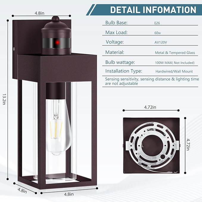 Motion Sensor Outdoor Wall Lanterns 2 Packs, Dusk to Dawn Exterior Light Fixture, 3 Lighting Modes, Waterproof Front Porch Lights for Garage Patio Garden House Entryway, Bronze.