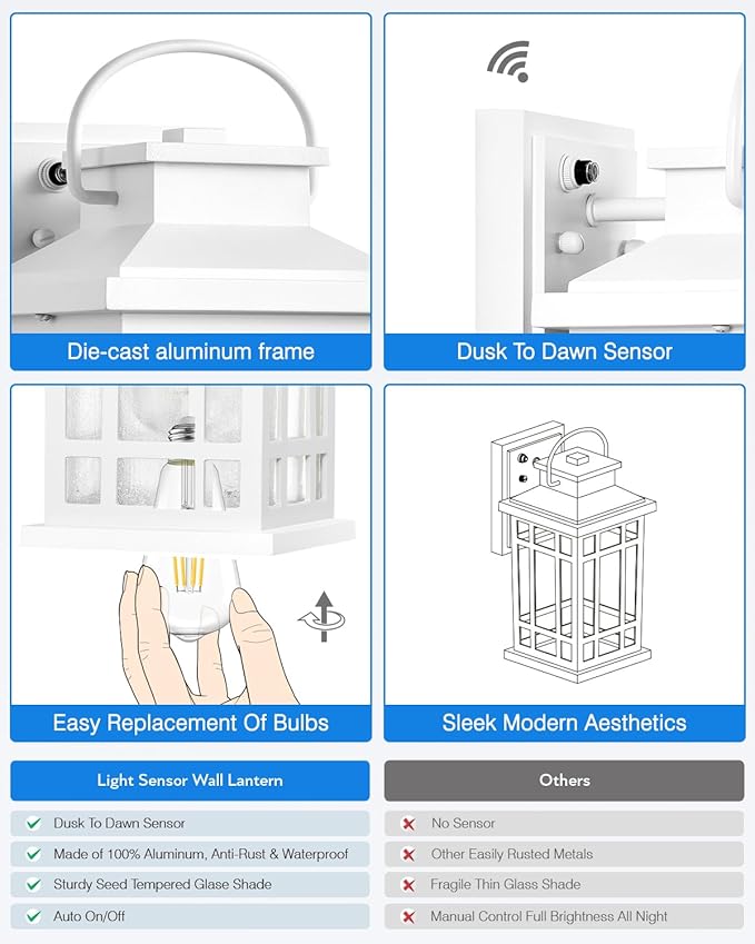 White Porch Lights Outdoor with Dusk to Dawn Sensor, Modern Outside Wall Lights with Seed Glass, Aluminum Waterproof and Anti-Rust Outside Lights for House, Garage, Garden, Entryway, Doorway