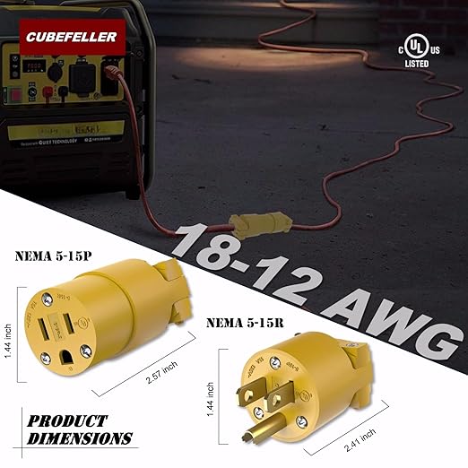 CUBEFELLER® Electrical Replacement Plug & Connector Set, Extension Cord Ends Male and Female, 3 Prong, 15Amp, 125Volt, NEMA 5-15P & NEMA 5-15R, UL Listed,5 Set,Comes with a Screwdriver,ER0105S