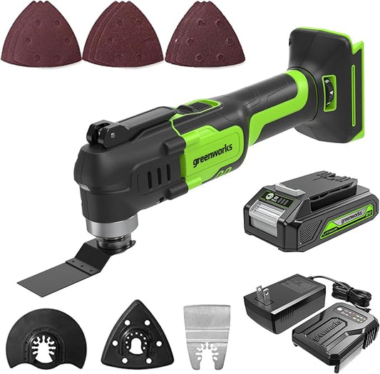 Greenworks 24V Cordless Oscillating Multi Tool with 13 Accessories, 6 Speed, 3° Oscillating Angle, Brushless Motor, Quick Blade Change, with 2Ah Battery and Charger