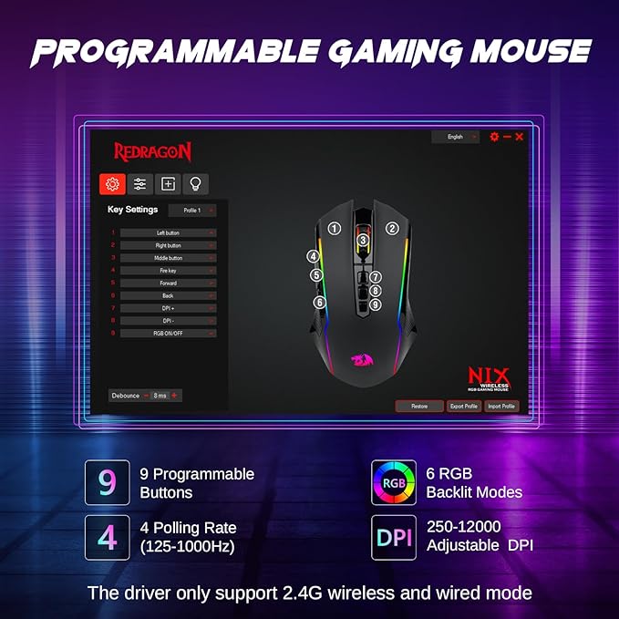 Redragon Wireless Gaming Mouse, Tri-Mode 2.4G/USB-C/Bluetooth Mouse Gaming, 12000 DPI, RGB Backlit, Fully Programmable, Rechargeable Wireless Computer Mouse for Laptop PC Mac, Black