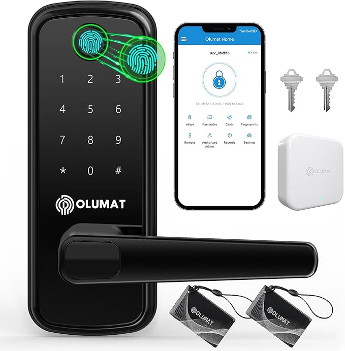 Smart Door Lock with Handle: Olumat Keyless Entry Door Lock with WiFi Gateway - Smart Locks for Front Door with Keypad - Fingerprint Lock