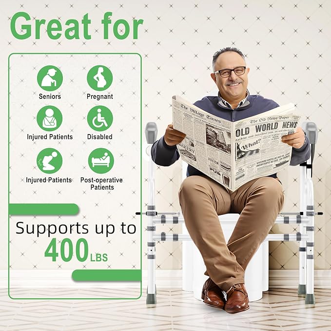 Foldable Toilet Safety Rail for Seniors, Toilet Safety Frame Height Adjustable, Heavy Bathroom Rail with Armrests, Bathroom Safety for Elderly and Disabled(400LBS)