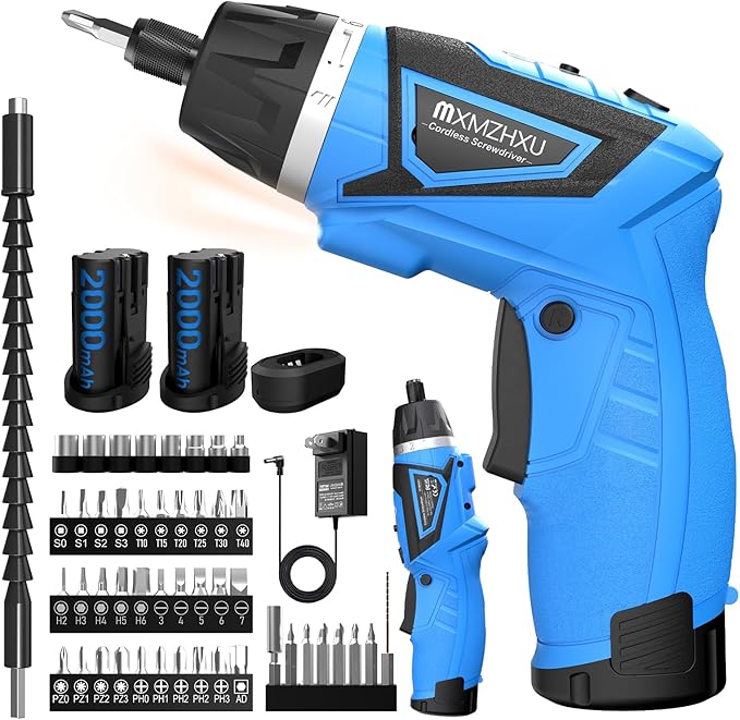 Cordless Screwdriver,8V Electric Screwdriver with 2X 2000mAh Battery,6+1Torque, 10N·m Max Rechargable Power Screwdriver 47pcs Bits, LED Light,Flexible Shaft