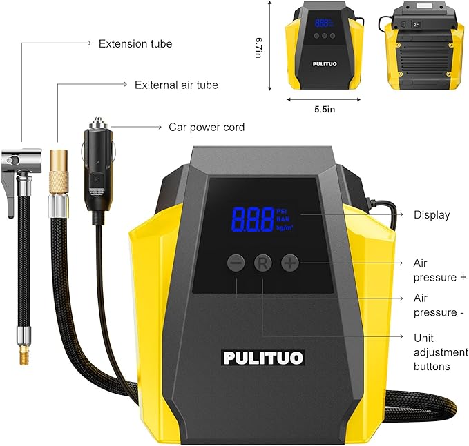 PULITUO Tire Inflator Portable Air Compressor - Car Accessories 12V DC Air Pump for Car Tires with Digital Pressure Gauge, Emergency LED Light for Wheel, Bike, Ball, Motor