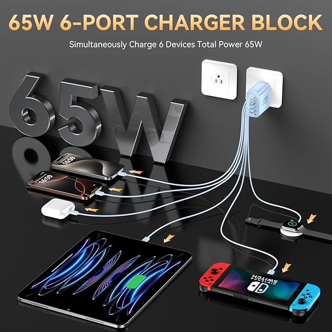 USB C Charger Block, 65W USBC Wall Charging Blocks 6-Port PD & QC Power Adapter Multiport Type C Fast Chargers Plug Cube Brick for iPhone 16/15/14/13/12/Pro Max,iPad Pro,Samsung Galaxy S25 Black