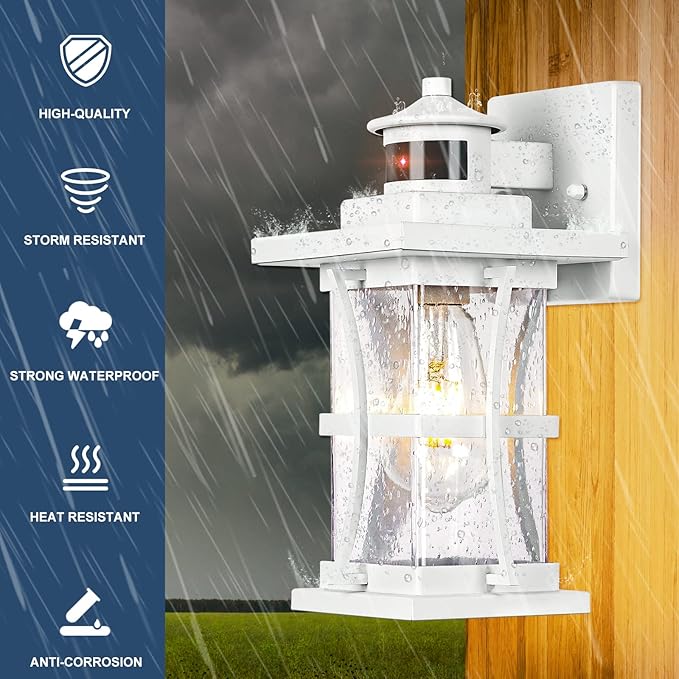 2 Packs White Motion Sensor Outdoor Lights - Advanced Dusk to Dawn Outdoor Lighting, Waterproof Exterior Light Wall Mount Fixtures, Anti-Rust Porch Outside Lights Wall Sconce for House, Garage, Square