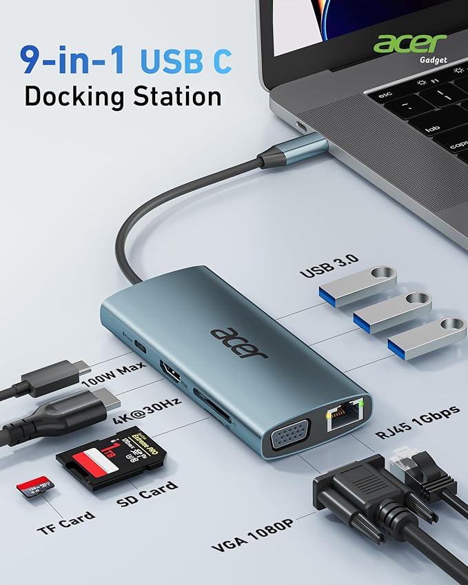 Acer USB C Hub with 4K HDMI, 9-in-1 USB C to Ethernet Adapter, 5Gbps USBA 3.0 Docking Station, VGA Splitter, SD Card Reader, PD 100W Charging for MacBook, Acer, Laptops, Surface and More