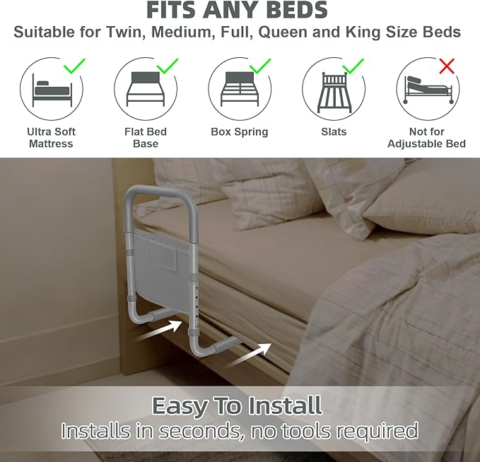 Bed Rails for Elderly Adults Safety: Adjustable Bed Assist Rails for Seniors & Patients with Storage Bag - Bedside Rail Handle Support Bar Bed Guard Rails - Fits King Queen Full Twin Medium