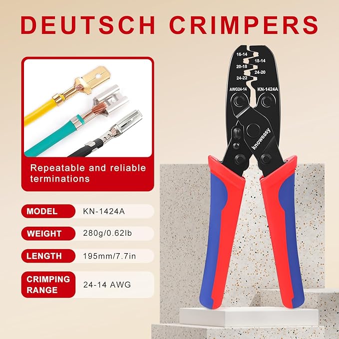 Knoweasy Crimp Tool Kit for Deutsch DT Connectors: Close Barrel and Open Barrel Crimper, Deutsch Removal Extraction Tool, Solid and Stamped Contacts, Weather Pack Terminals - Includes 8PCS