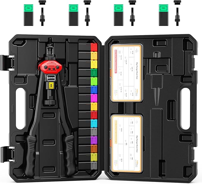 16" Rivet Nut Gun with Stroke Adjustment - 15 Metric and SAE Mandrels (M3-M12 & to 1/2") + 4 Pieces M6 Mandrels - 200 Threaded Nuts (100 Each) in Storage Boxes - Portable Blow Molded Case