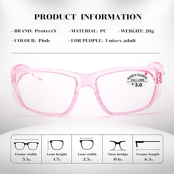 ProtectX Stylish Anti-Fog & Scratch-Resistant Safety Glasses With Readers, UV Protection Goggles, Anti-Impact Lightweight Glasses for Men＆Women Pink Reading 3.0-2 Pack