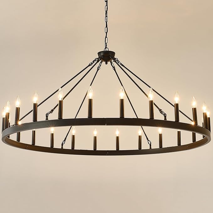 53 Inch Large Black Farmhouse Wagon Wheel Chandelier,24-Light Round Industrial Pendant Light fixtures for Outdoor Porch high Ceilings Living Dining Room Foyer Entryway
