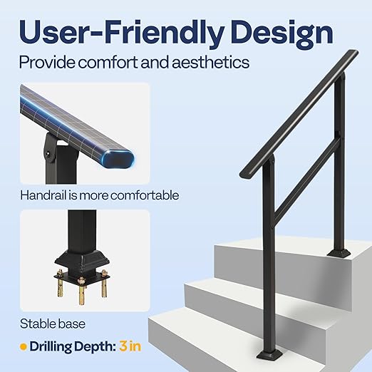 VIVOHOME 2-Pack 3 Step Hand Rails for Outdoor Steps, Galvanized Steel Railing, Black Oval Exterior Hand Railing for Porch, Deck, or Indoor Stairs, Railing Kit