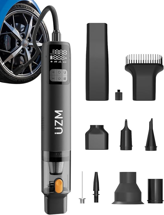 UZM 3 in 1 Tire Inflator and Car Vacuum, Car Vacuum Portable Cordless, 2X Fast Inflation, 12000pa Suction Power, LED Display,150 PSI, Portable Tire Inflator for E-Bike,Motorcycle,Ball
