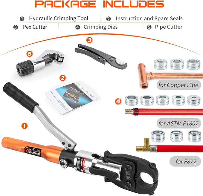 Copper Pipe Crimping Tool - with 1", 3/4", 1/2" Dies for F877 stainless PEX Press Sleeves & Copper Pipe + 1", 3/4",5/8", 1/2", 3/8" Dies for ASTM F1807 Pex Pipe Copper Ring