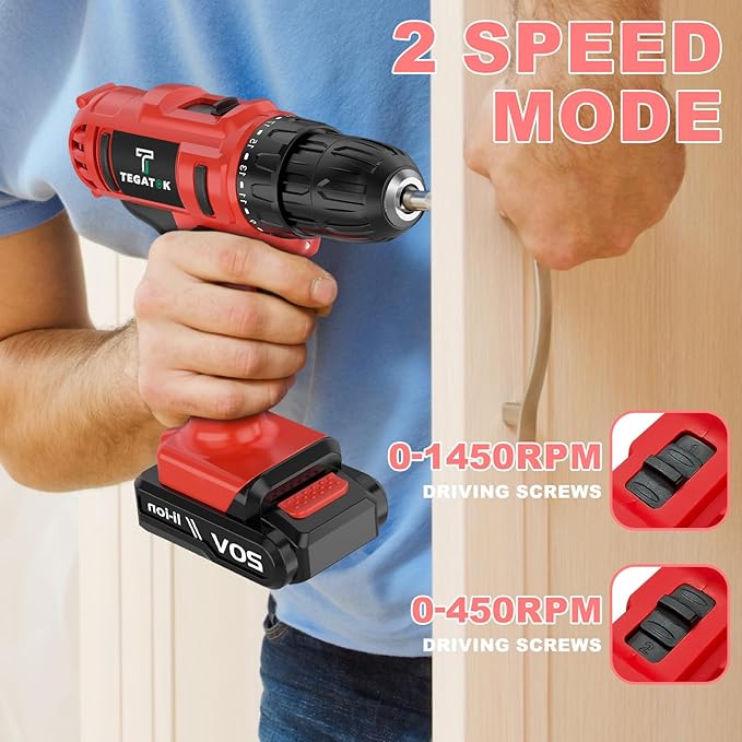 Cordless Drill Set, 3/8 Drill Handheld Screwdriver Kit with 18+1 Torque Setting, 20V Electric Drills Tools Bit, LED Electric Power Drills with Battery and Charger, Red