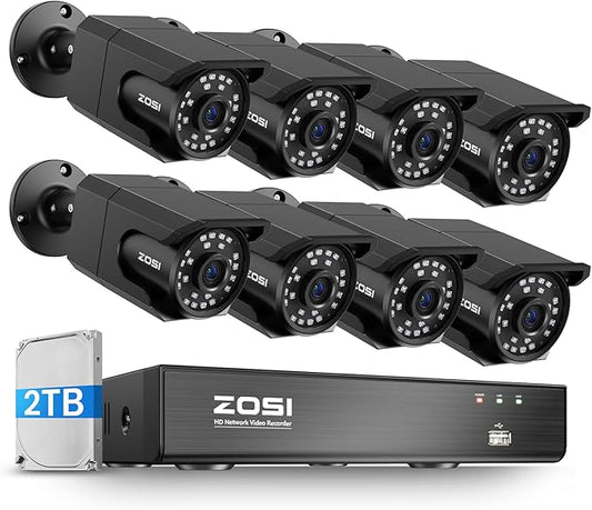 ZOSI 4K 8CH PoE Security Camera System (16CH Expandable), H.265+ 8CH NVR with 2TB HDD for 24/7 Record, 8 x 8MP PoE IP Cameras Outdoor Indoor, Human Detection, One-Way Audio, 100ft IR Night Vision