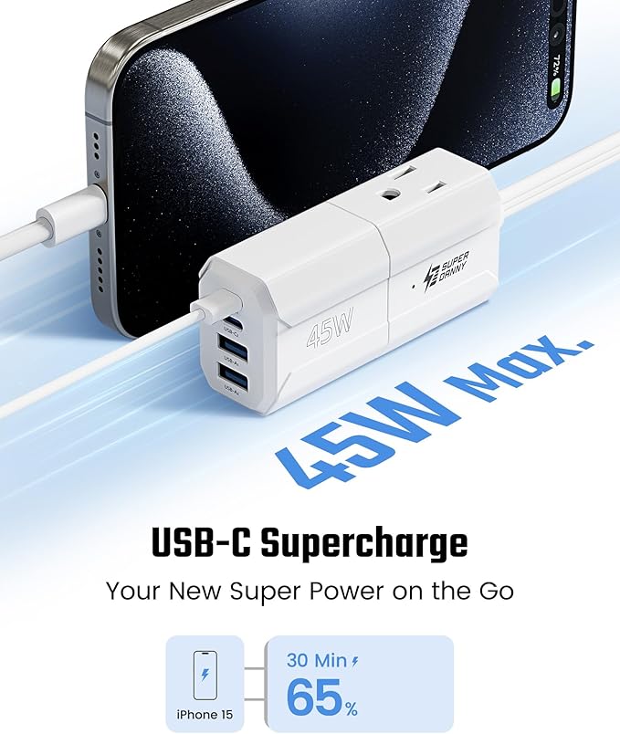 SUPERDANNY Detachable Travel Power Strip,45W USB Fast Charge,2 USB-C & 2 USB-A with 3 Outlet Flat Plug Extension Cord 10ft,Portable Charger for Travel Essentials for Travel Cruise Home, White