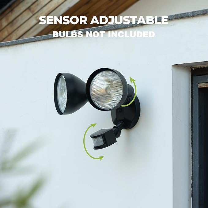 Motion Sensor Outdoor Light, 300W PAR38 Bulb Compatible, IP65 Waterproof Flood Lights, 2 Head Dusk to Dawn Motion Detected Security Light for Patio, Garage, Yard (Black, Bulbs not Included)