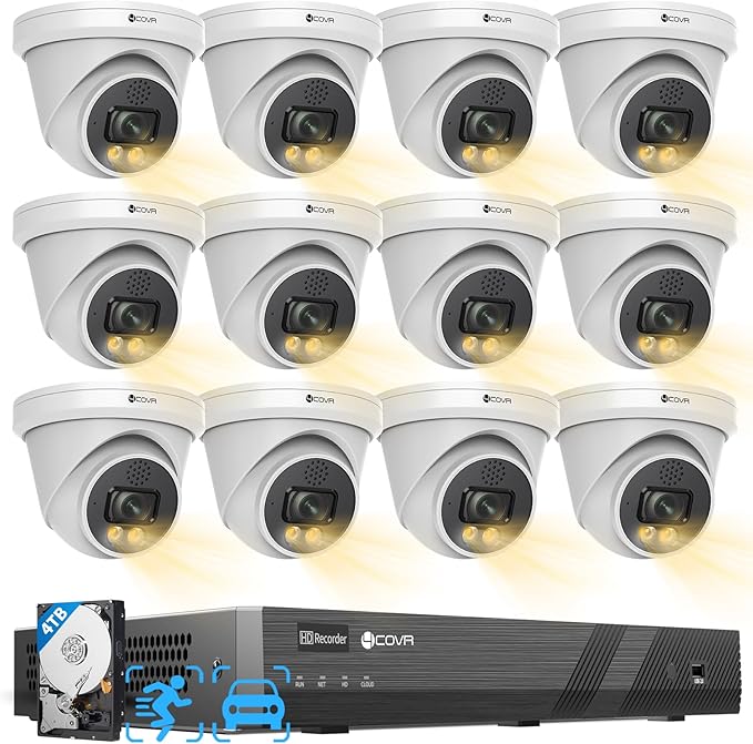 4COVR 16 Channel PoE Security Camera System, 2-Way Talk & Dual Lights Smart Full Color Night Vision, Human/Vehicle Detection, 4K NVR 4TB HDD, 12X 5MP Wired Business Dome IP Camera IP67, LY97KA5M1612