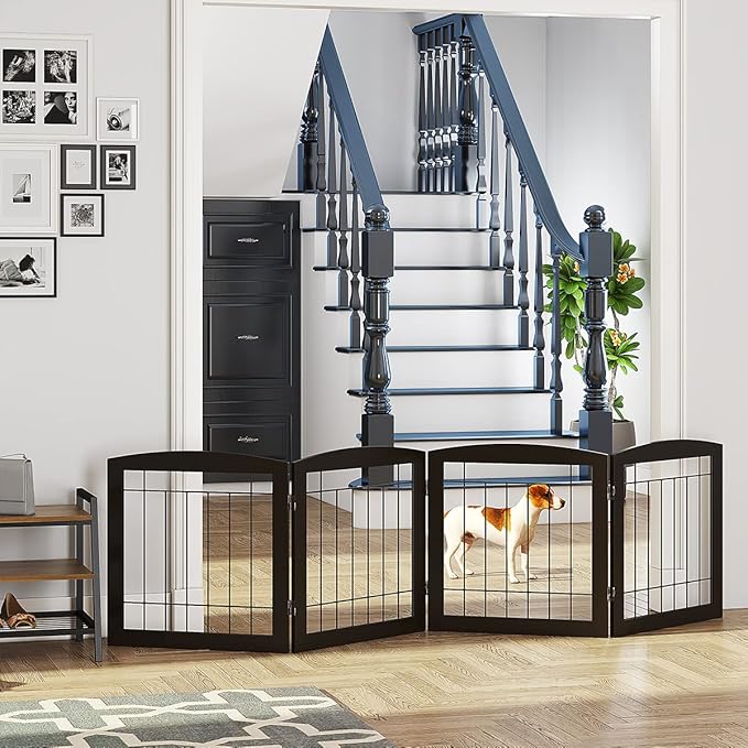PAWLAND Dog Gate for The House Doorway Stairs Foldable Freestanding Indoor Pet Gate for Dogs Wooden Puppy Safety Fence 80" Wide 24" Height 4 Panels, Espresso
