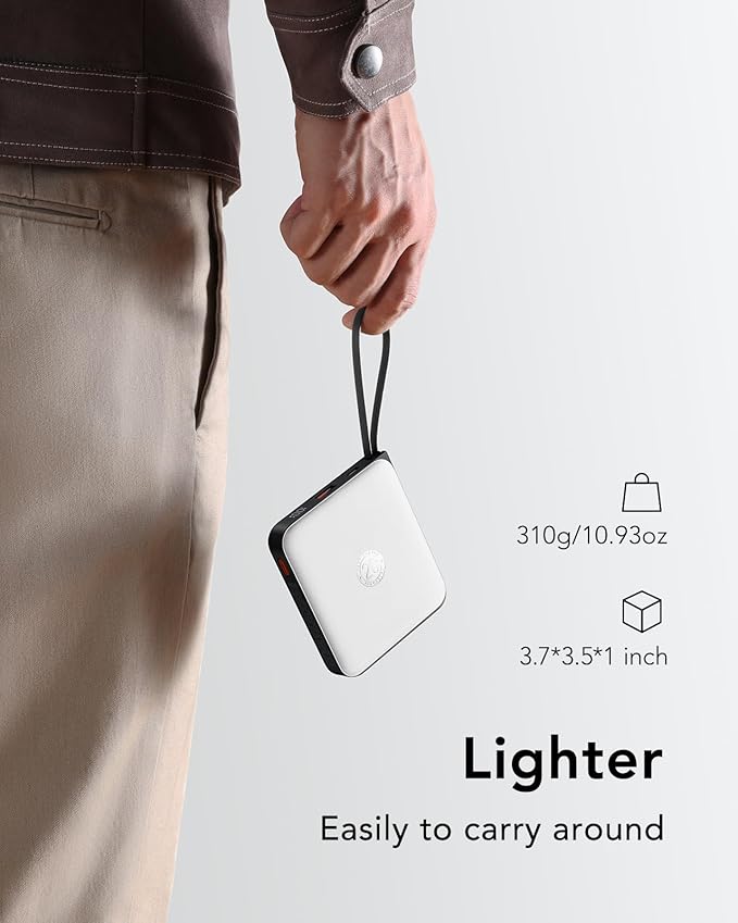 VRURC 20000mAh Portable Charger with Built-in Cables, Travel Essentials, Power Bank PD 20W for iPhone Fast Charging Battery Pack, for iPhone 16 15 14 13 12 11 x Samsung Galaxy Series, White(1 Pack)