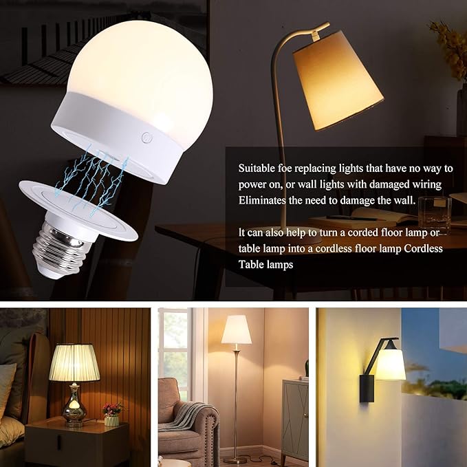 Rechargeable Battery Operated Light Bulb with Remote for Lamps, E26 Wireless USB Charging Magnetic LED Battery Powered Light Bulb, 380 LM Dimmable Puck Lights, 15 Colors, Timer, 2 Pack