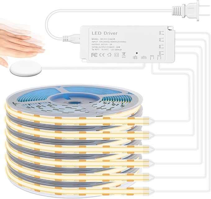 Lichaser 3.28ft COB LED Strip Light, 6 Rolls of 3000K Flexible COB LED for Acoustic Panel and Wood Slat Wall Panels Parallel with Dimmable Touch Sensor Switch, Cuttable for Wood Slat Lighting, Shelf