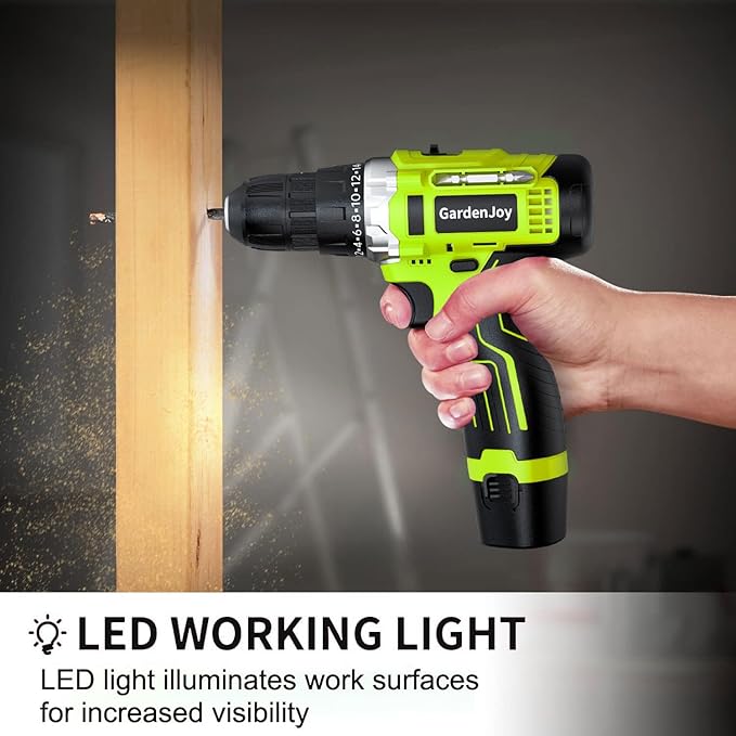 GardenJoy Cordless Power Drill Set: 12V Electric Drill with Battery and Charger, 65pcs Acessories, 3/8"Keyless Chuck, 2 Variable Speed, 24+1 Position, Compact Drill Driver Kit for Home & DIY Project