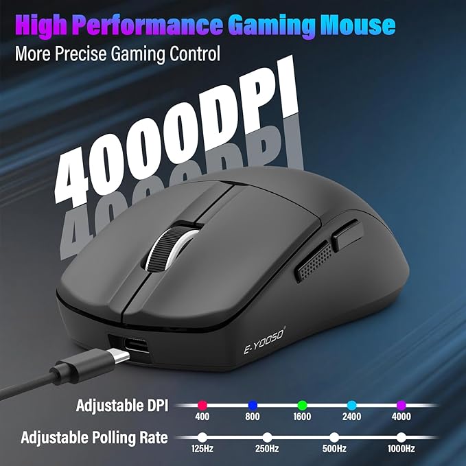 XuanGui Wireless Gaming Mouse,2.4G/BT/USB-C Wired,5-Level DPI 4000 Max,50g Lightweight,1000Hz Polling Rate,Macro Program,Side Buttons,44-Hour Battery Life,For Laptop/PC/Computer/Mac/Tablet (Black-2)