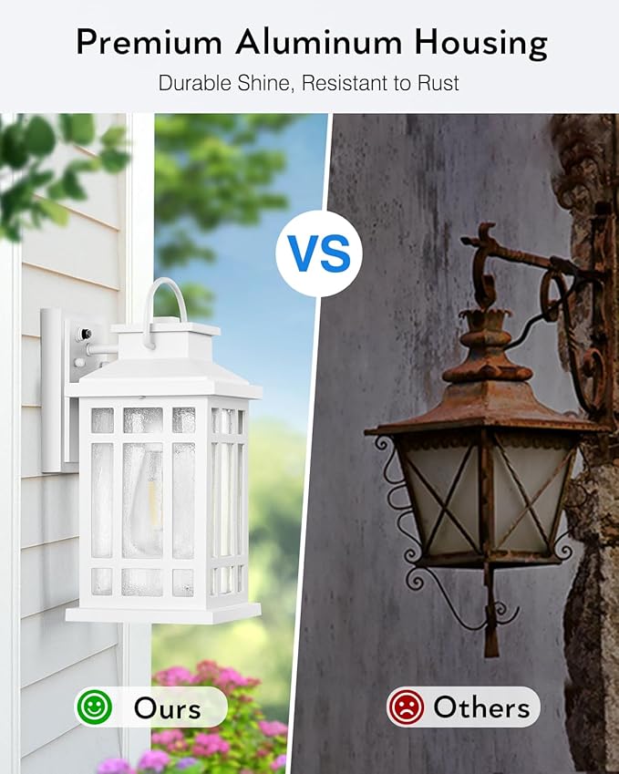 White Porch Lights Outdoor with Dusk to Dawn Sensor, Modern Outside Wall Lights with Seed Glass, Aluminum Waterproof and Anti-Rust Outside Lights for House, Garage, Garden, Entryway, Doorway