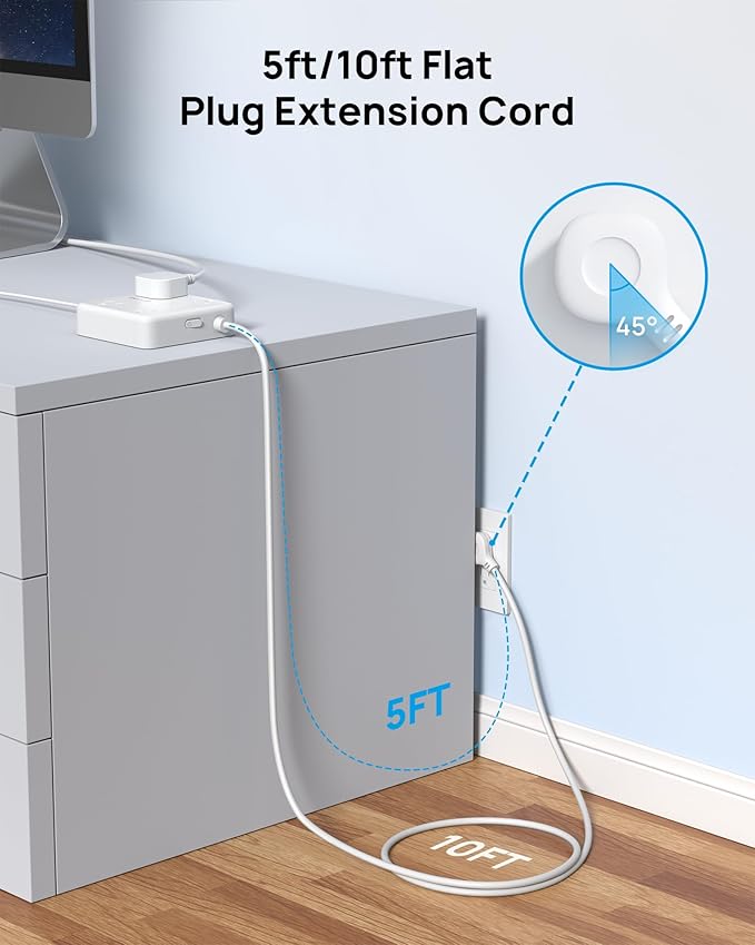 TROND Surge Protector Power Strip with USB Ports, 10ft Flat Plug Extension Cord with Multiple Outlets, 1440J, Wall Mount for Home Office Dorm Room Essentials, White