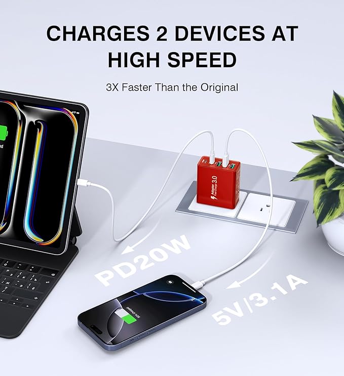 Red 2Pack 50W USB C Charger 5-Port PD Fast Charging Blocks, QC 3.0 USB A Multiport Plug, Type C Power Adapter Brick Cube for iPhone 16/15/14/13/Pro, Samsung, Switch, Pixel