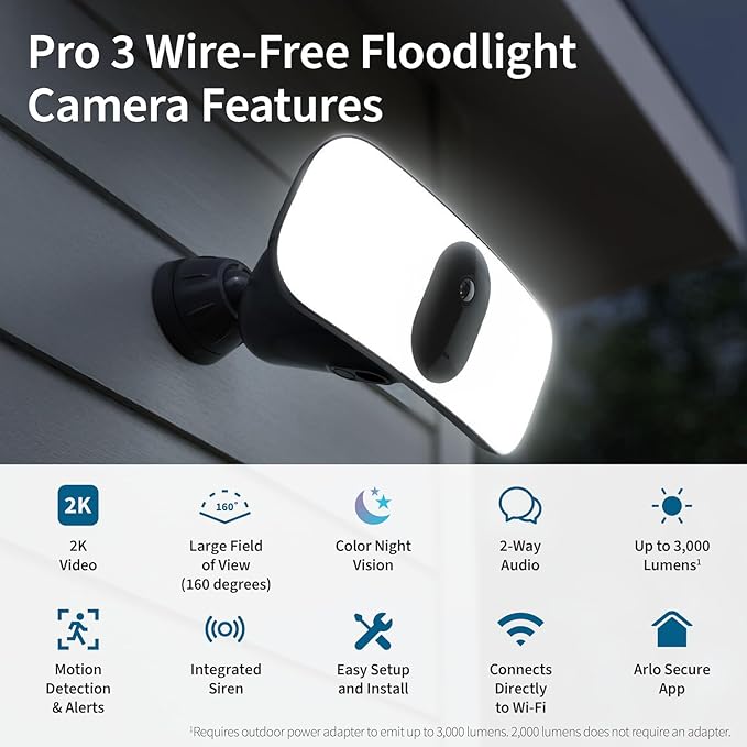 Arlo Pro 3 LED Floodlight Security Camera 2K HDR 2000-3000 Lumens | Wire-Free | Protect Driveways & Alleyways | Connects to Wi-Fi | Color Night Vision, Motion Sensor, 2-Way Audio, Rechargeable (Black)