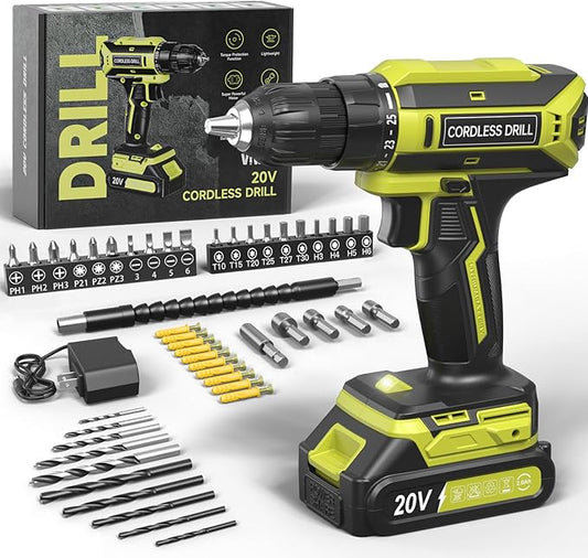 Cordless Drill, 20V MAX Power Drill Set with 2.0Ah Power Pack & Charger, 3/8 Inch Keyless Chuck, Variable Speed, 25+1 Position and 56PCS Bits/Screws, Power Tools for Home Projects