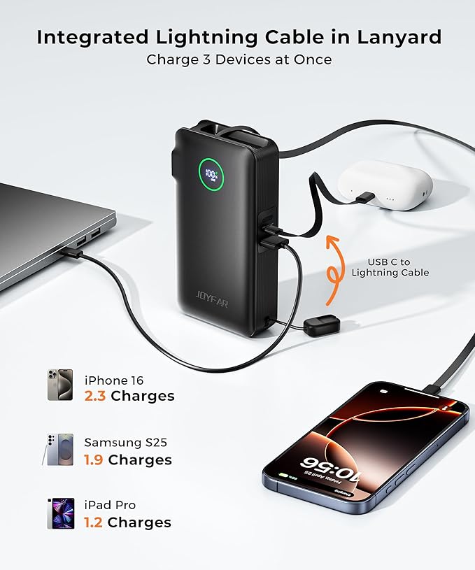 Portable Charger Power Bank - Battery Pack 35W AC Plug GaN 10000mAh Built in Cable USB C Phone Fast Charging Powerbank Compatible with iPhone 16 15 14 13 12 11 X iPad MacBook Samsung (Black)