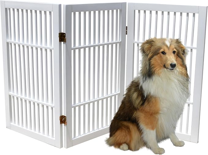 Pet Dog Gate Strong and Durable Freestanding Folding Acacia Hardwood Portable Wooden Fence Indoors or Outdoors by Urnporium (White Pet Gate, 3 Panel 30" Tall)