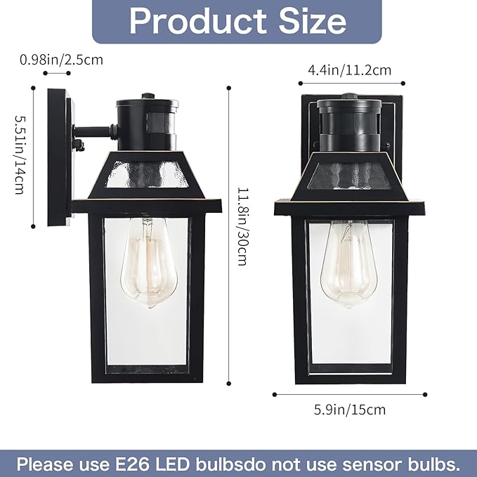 Motion Sensor Outdoor Wall Lights, Porch Light Outdoor 3 Lighting Modes, Dusk to Dawn Exterior Light Fixture, Waterproof, Outside Lights for House Front Door Patio Garage 2 Pack (Black)