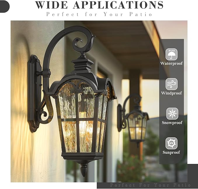 Emliviar 28.7" Black Outdoor Wall Sconce, Large Exterior Lantern Light Fixture with Die-Cast Aluminum & Water Ripple Glass, WE215BL-SW BK