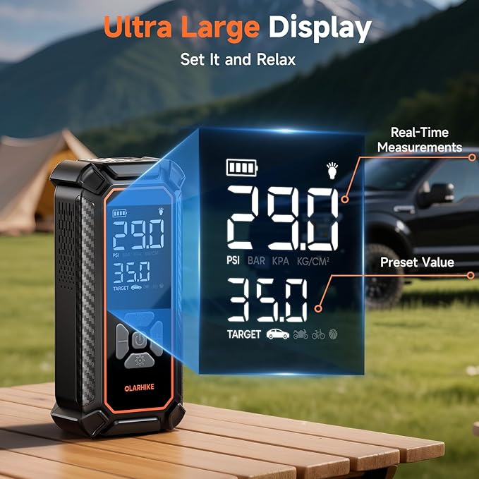 OlarHike Cordless Tire Inflator Portable Air Compressor, Dual Power Mode - 6000mAh & 12V DC, Air Pump for Car Tires, Motorcycle, Bicycle, Electric Pump with LED Light & Digital Pressure Gauge